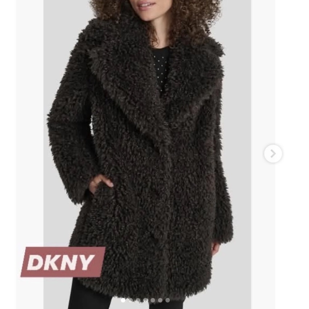 DKNY Faux Fur Coat Women Large Charcoal Black Shaggy Teddy D3128828